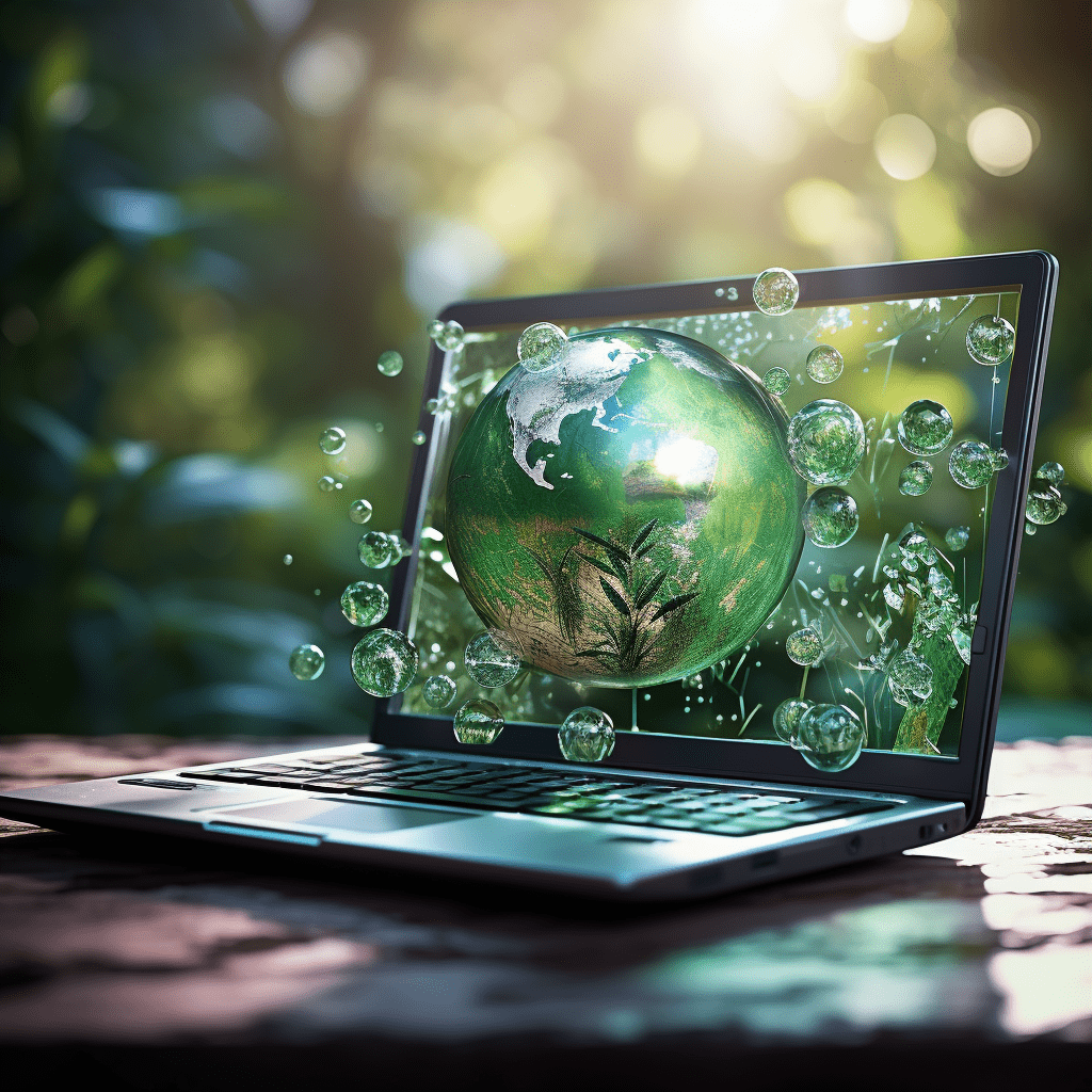 фото ноутбук и зеленый глобус